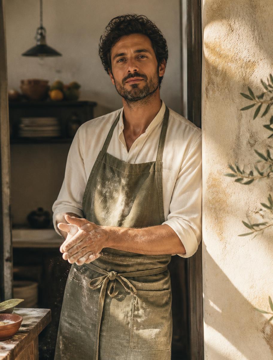 Chef in a sunlit kitchen doorway