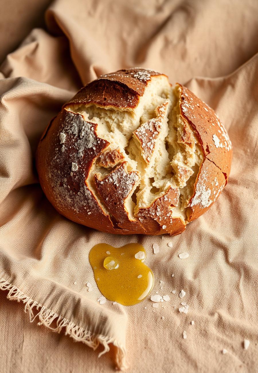 Torn sourdough with olive oil
