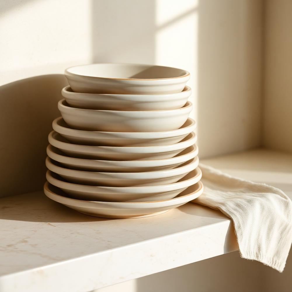 Stacked hand-thrown ceramic plates