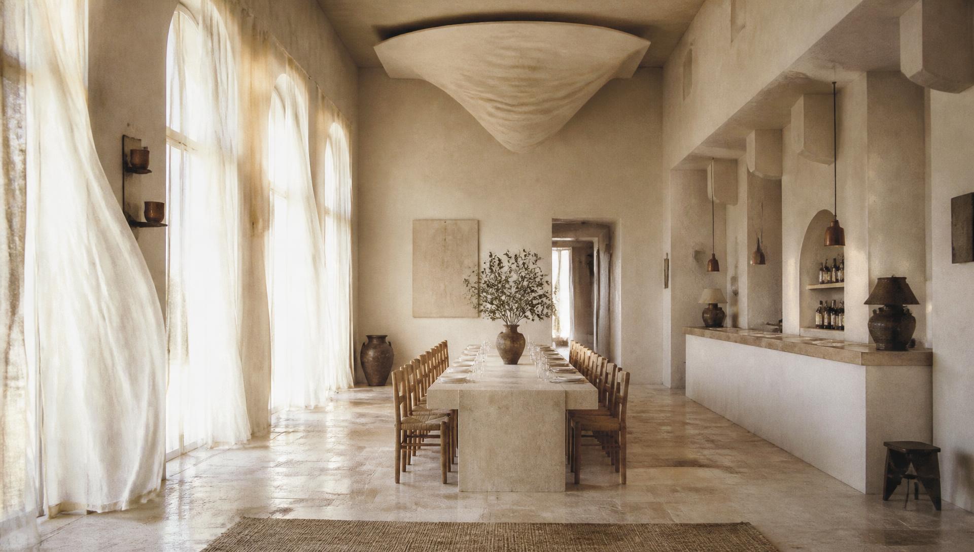 Sunlit dining room with arched windows