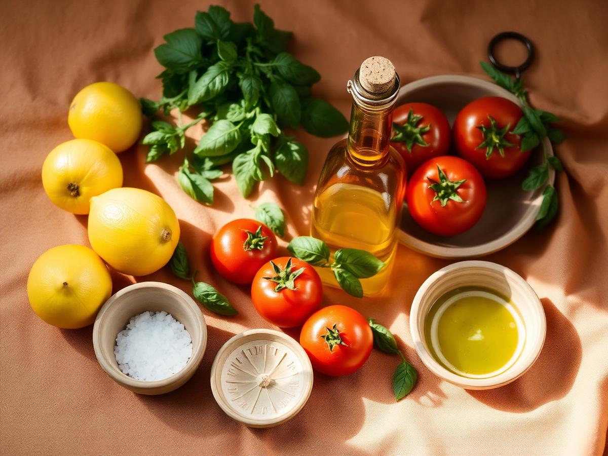 Mediterranean ingredients on warm linen