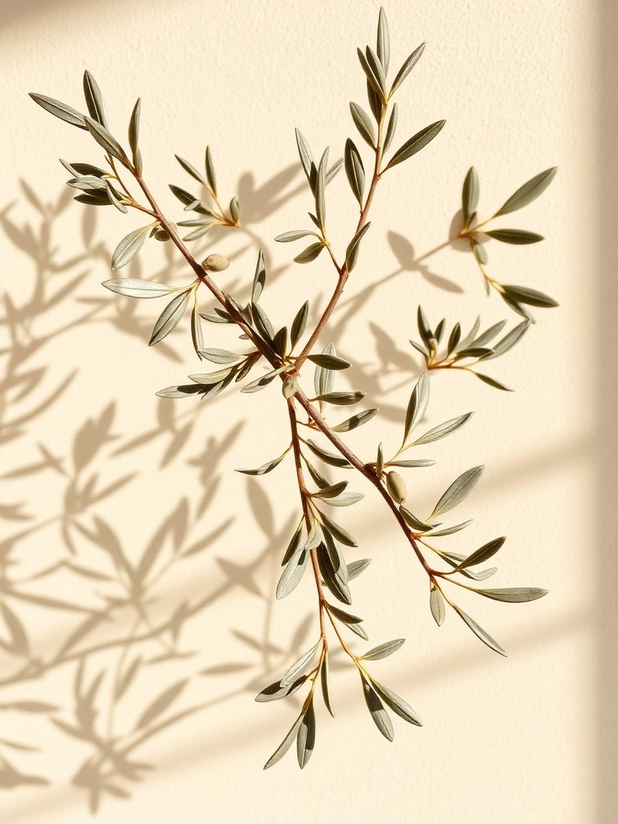 Olive branches against a limewash wall